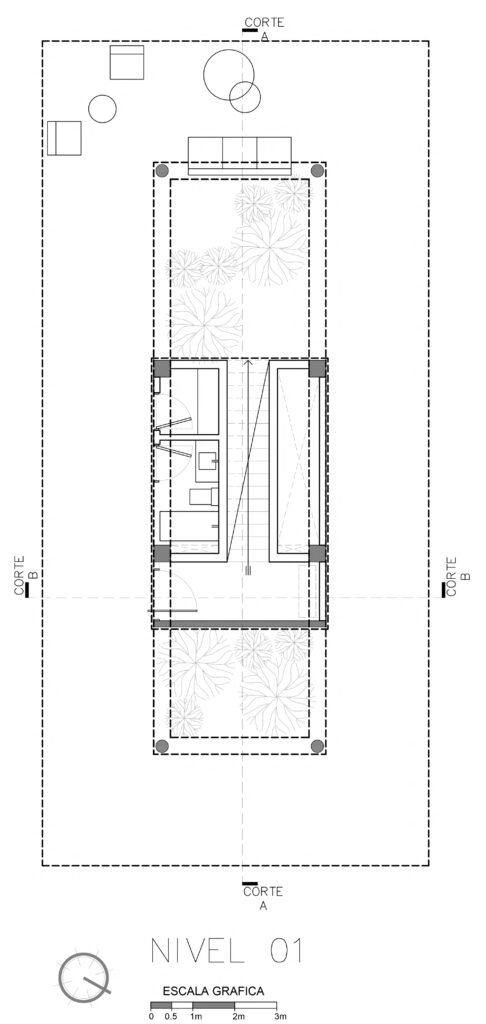 Architectural floor plan of Level 01 (Ground Floor) of Gandarillas House showing the open layout, core structural pillars, and outdoor spaces.