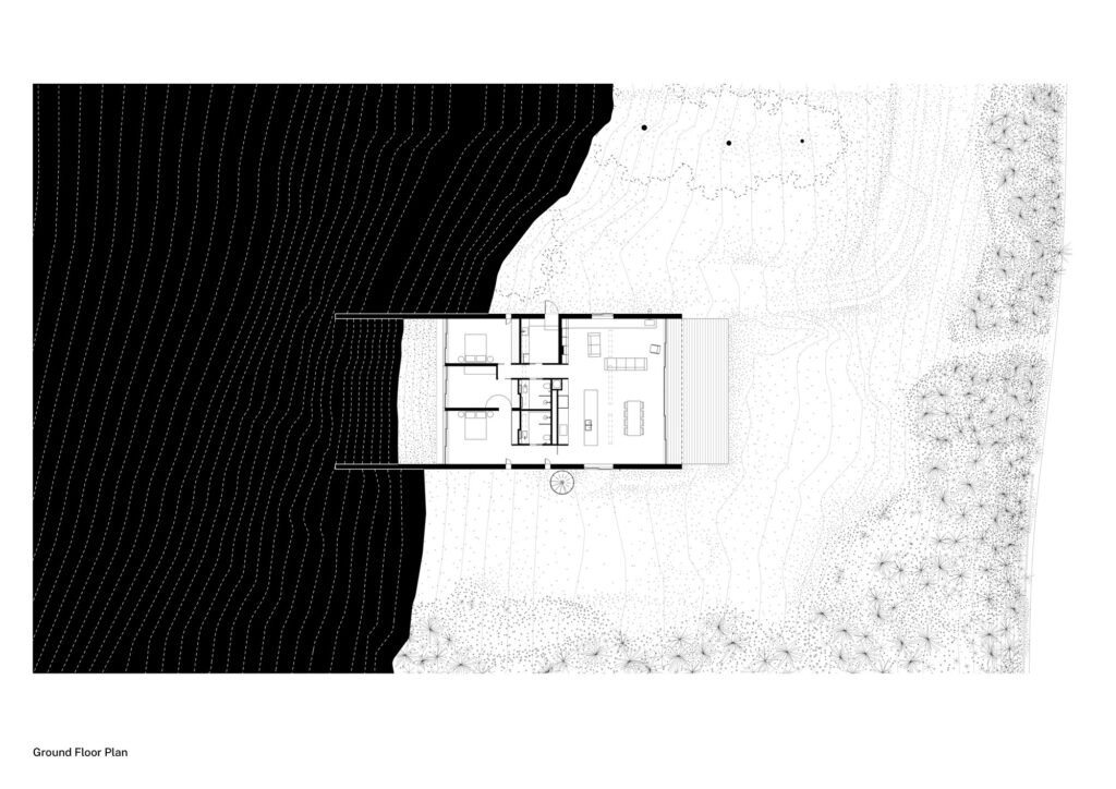 Architectural ground floor plan diagram of Otway Beach House showing room layout and site topography integration.