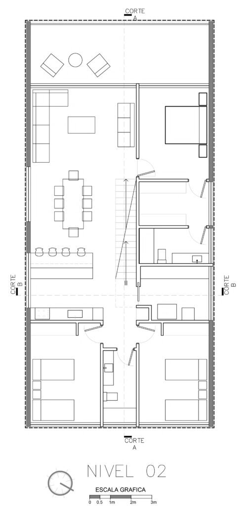 Architectural floor plan of Level 02 (Main Elevated Living Level) of Gandarillas House showing bedrooms, living room, kitchen, and terrace layout.