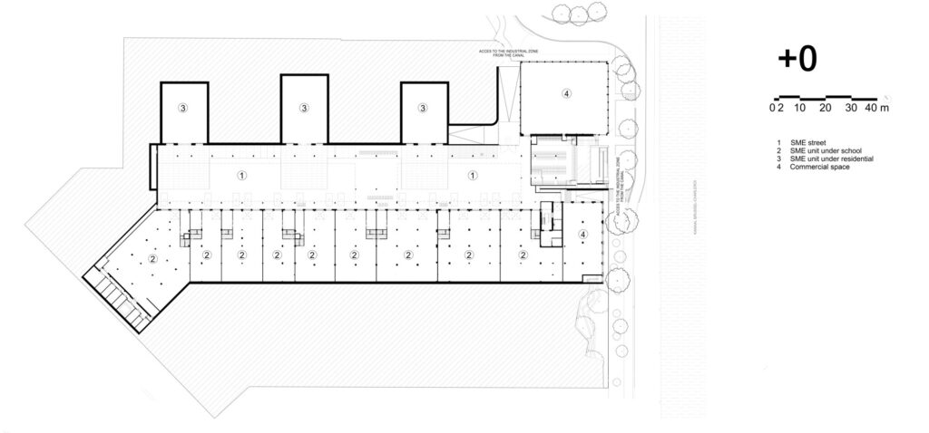 Ground floor architectural plan drawing of Campus Deleers showing SME units, commercial space, and canal access.