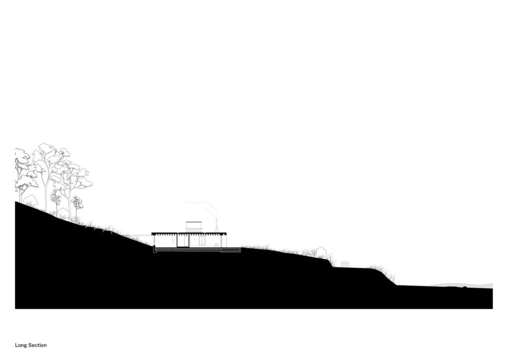 Architectural long section drawing showing Otway Beach House embedded into the hillside slope between forest and ocean.