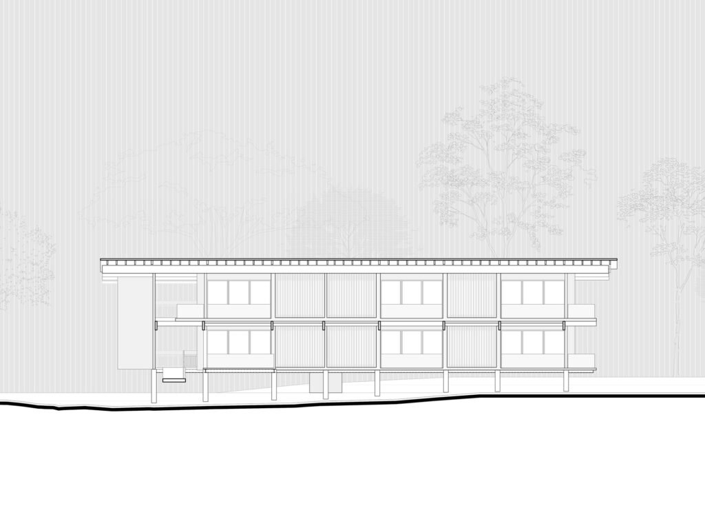 A technical architectural elevation drawing showing a simple, repeating two-story facade with many uniform window units, set within a sloped terrain with a few large tree silhouettes against a vertical textured background.