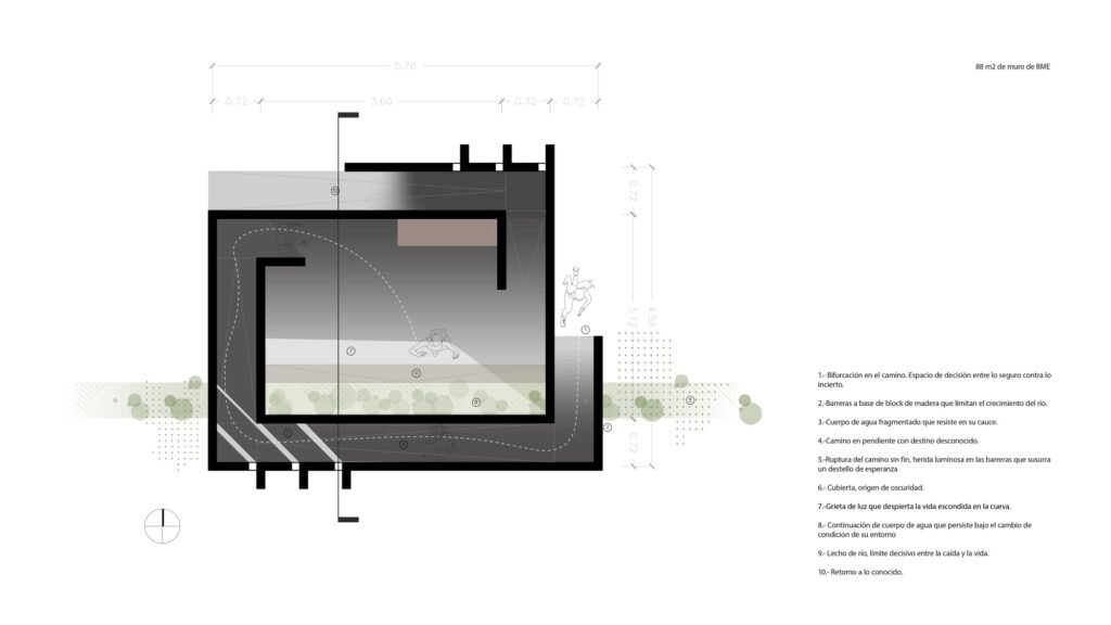 Architectural floor plan drawing of La Grieta Pavilion showing the labyrinthine circulation path and wall dimensions.