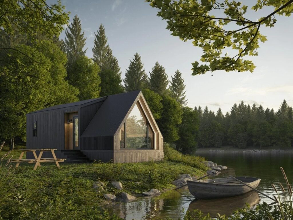 Side perspective of the modern A-Frame Bunkhouse showing the dark corrugated metal siding, side entrance door with wooden steps, and large front floor-to-ceiling triangular window.