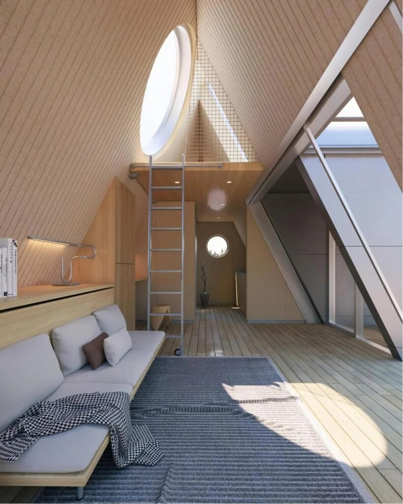 Interior view of the Camping House showing double-height A-frame ceiling, wooden wall panels, sofa bed, mezzanine ladder, and large skylight.