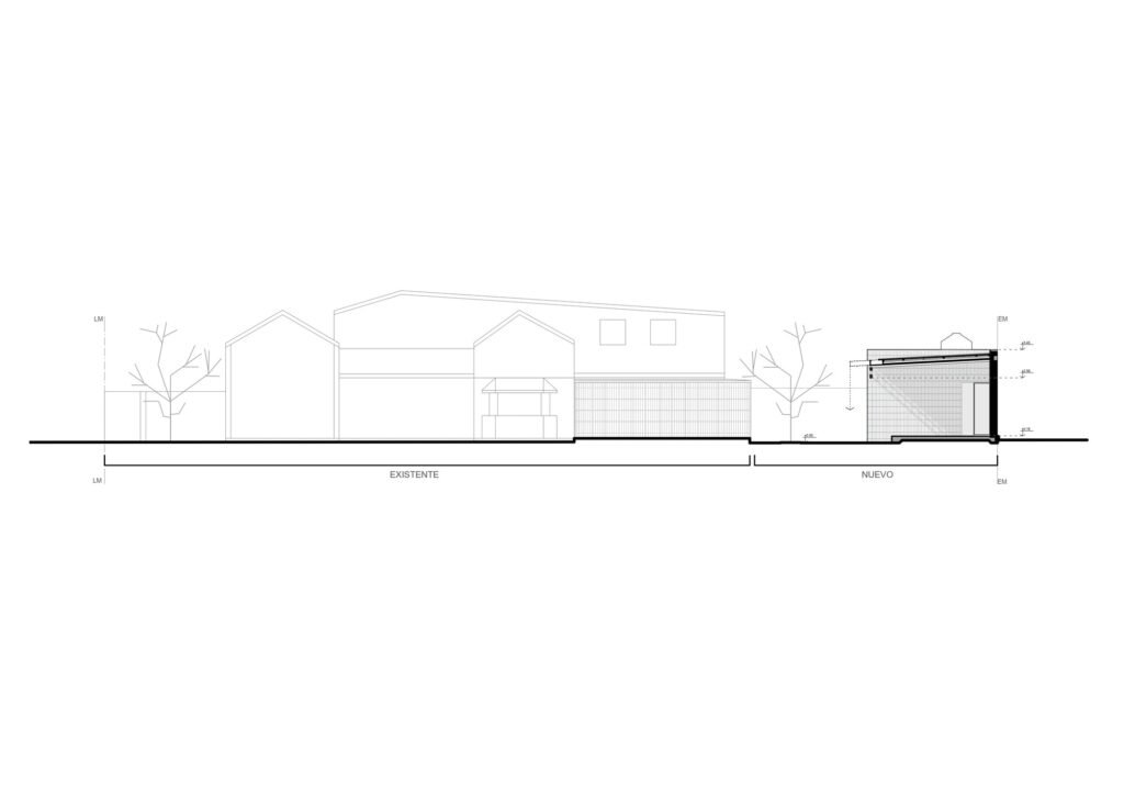Architectural longitudinal section drawing comparing existing house elevation with new low-rise Quincho addition.