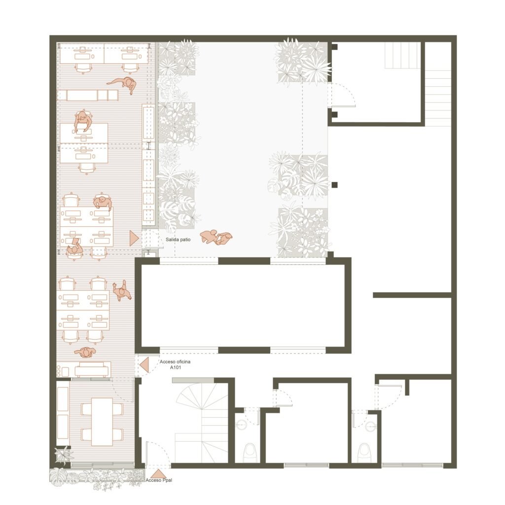 Architectural floor plan drawing of the adaptive reuse office project in Laureles, Medell&iacute;n, showing layout and patio.
