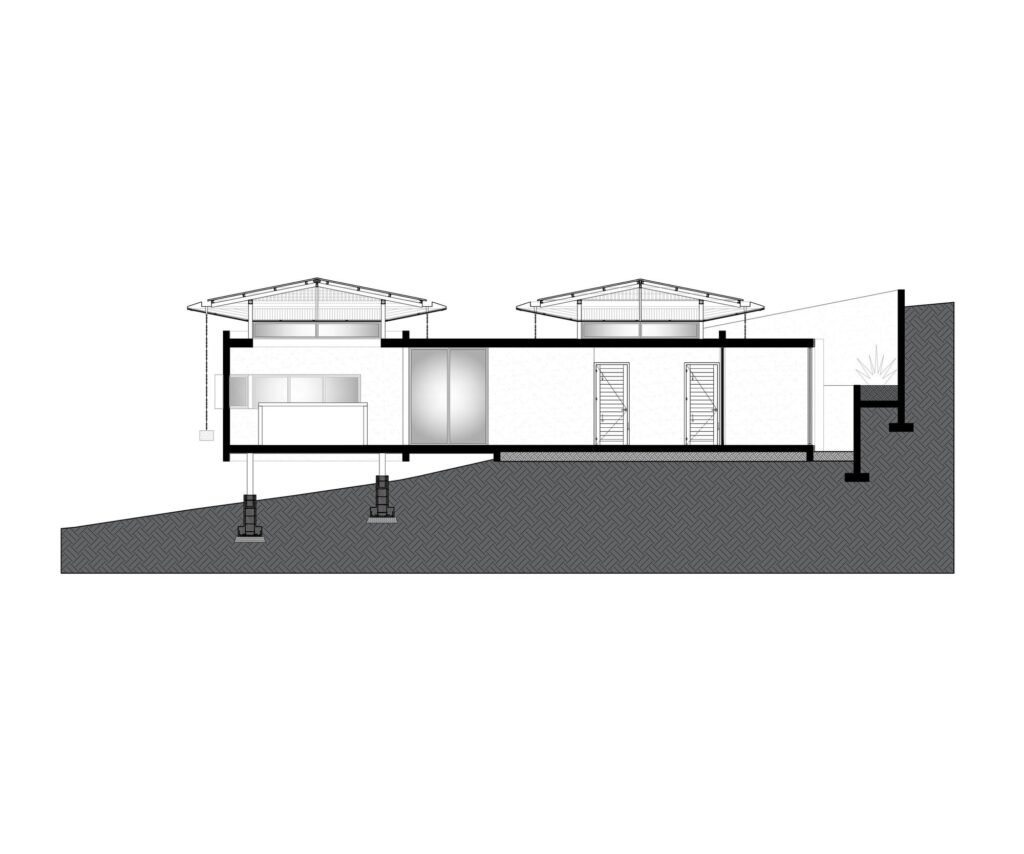 Architectural cross-section drawing showing elevated foundation piers, double roof structure, and slope profile.