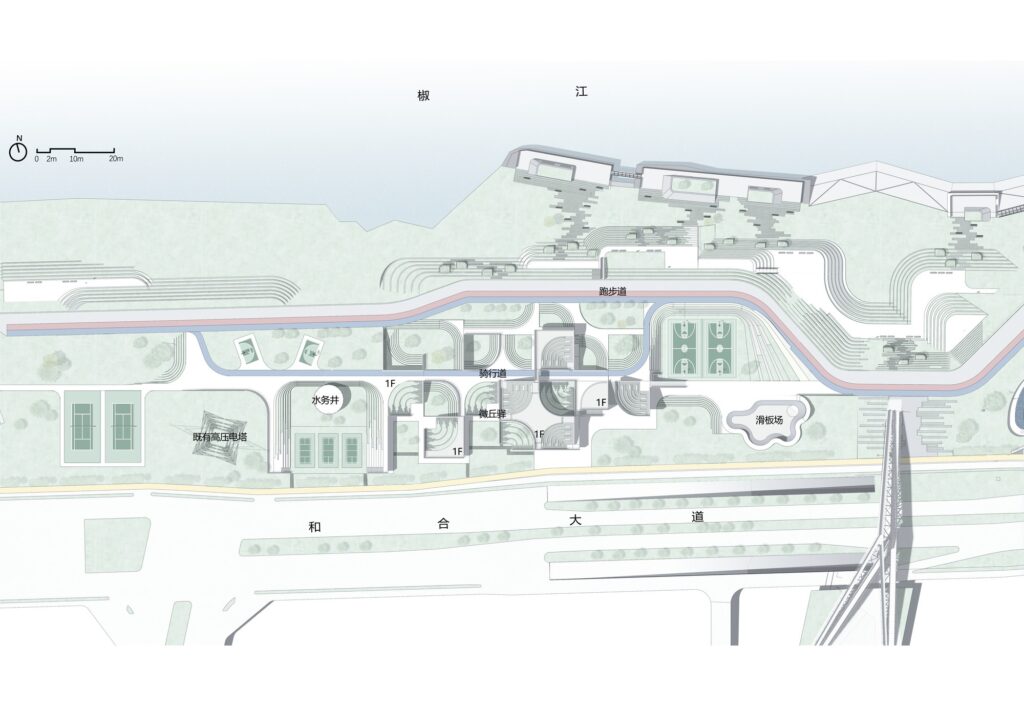 Detailed architectural master plan drawing showing the layout of paths, sports fields, skate park, buildings, and riverfront zones along the Jiaojiang River.