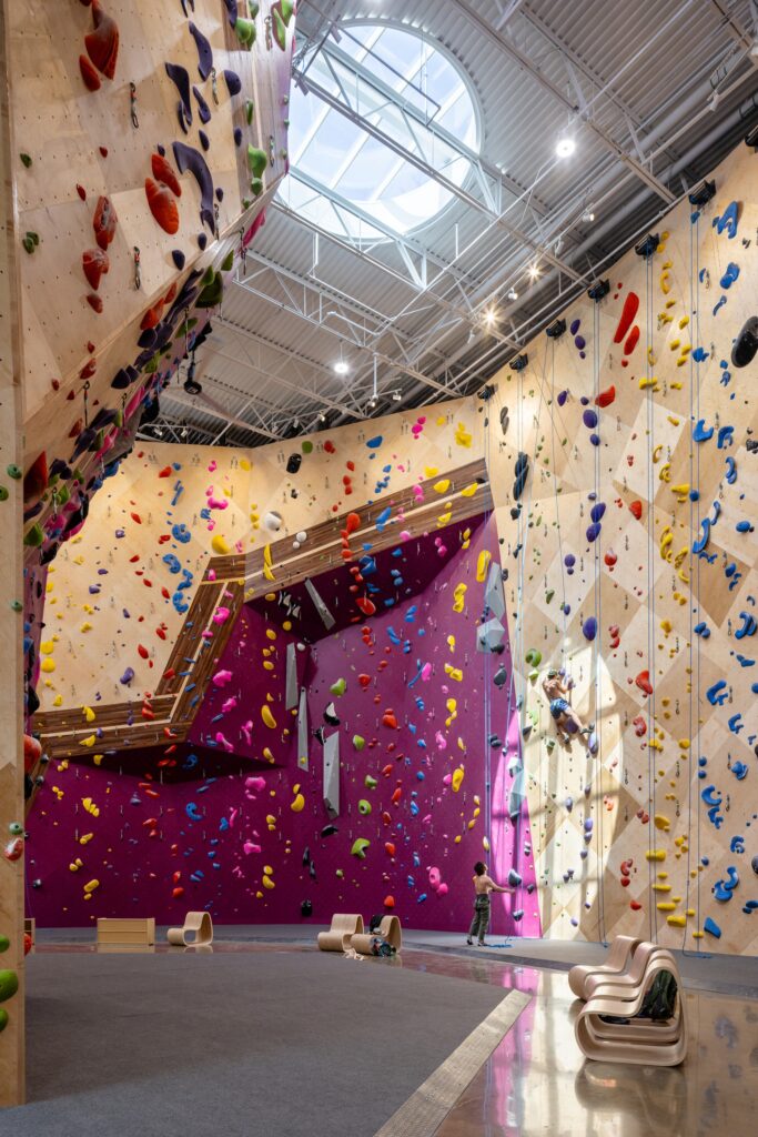 50-foot-tall indoor climbing hall with colorful climbing holds and a large circular skylight overhead.