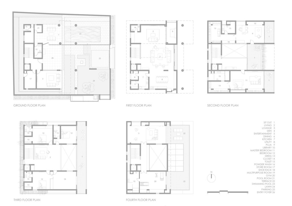Black and white architectural floor plans showing layouts for ground floor, first floor, second floor, third floor, and fourth floor of Erra Kotta Residence.