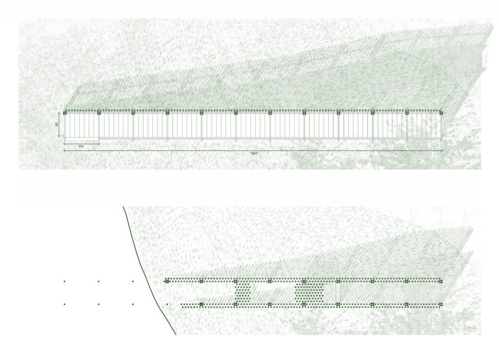 Architectural drawing displaying the plan layout and structural grid dimensions of the timber pavilion installation.
