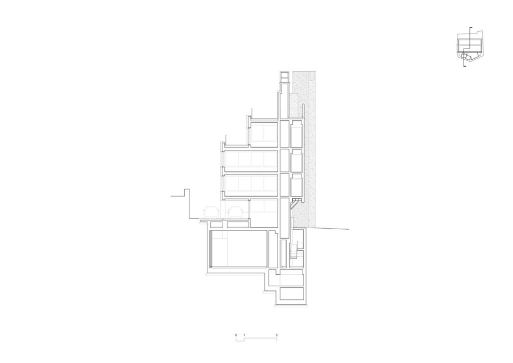 Architectural section drawing showing vertical levels, underground basement, and stepped setbacks of the Bangbae building.