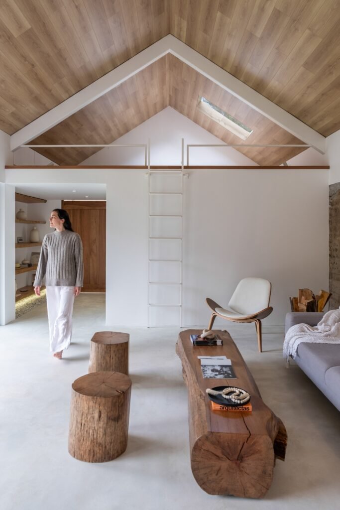 Vertical interior shot of the open-plan living room with wood log coffee tables, a white mezzanine ladder, and vaulted wood-paneled ceiling.