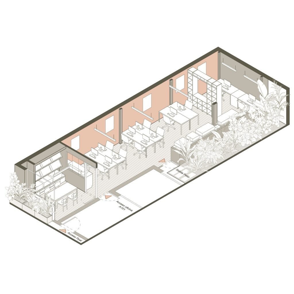3D axonometric diagram showing the spatial layout, furniture placement, and garden edge of the architectural office.