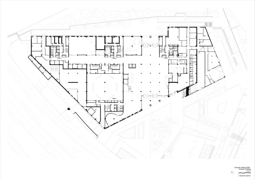 Architectural ground floor plan drawing of Temple Quarter Enterprise Campus showing spatial layout and cores.