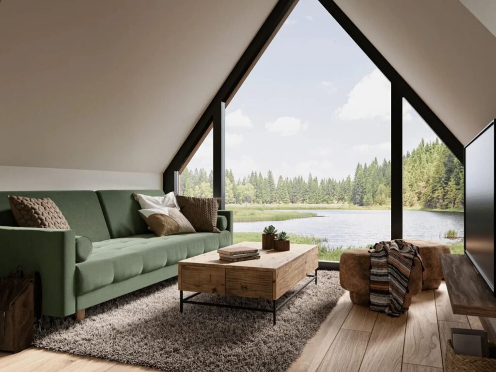 Interior view of the A-Frame Bunkhouse living room featuring a green sofa, wooden coffee table, woven rug, and a large triangular window overlooking a forest lake.