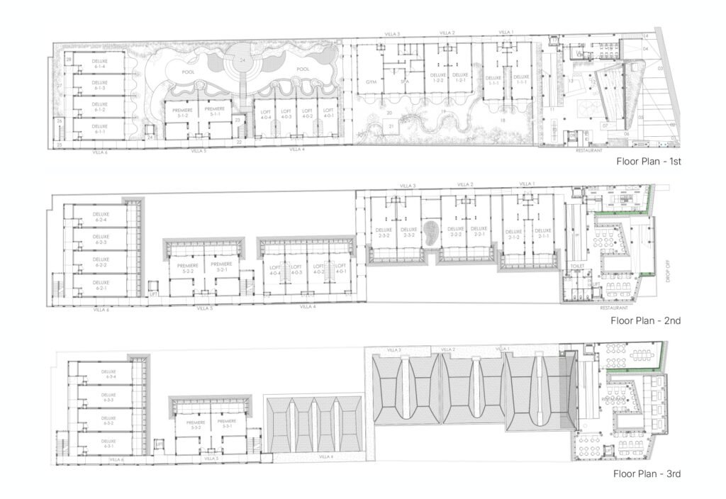 Architectural floor plan diagrams for the 1st, 2nd, and 3rd levels of Kemilu Ubud resort showing spatial layout and zoning.