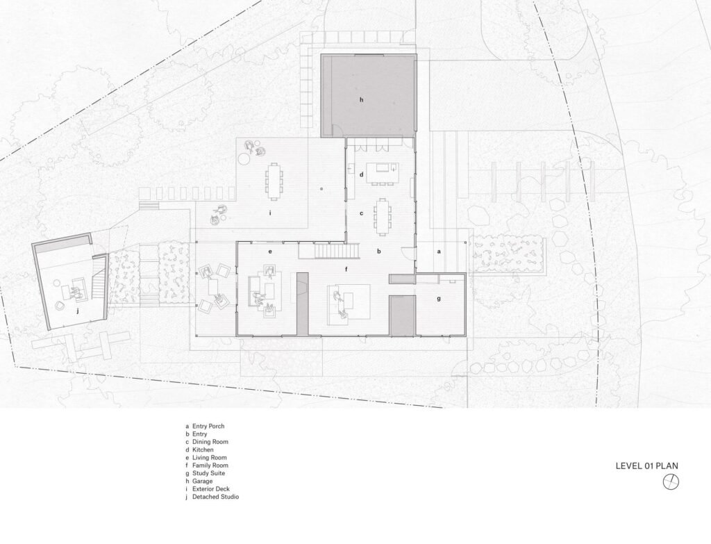 Architectural floor plan diagram of House Studio 4015 showing the main residence layout, outdoor deck, and detached studio location.