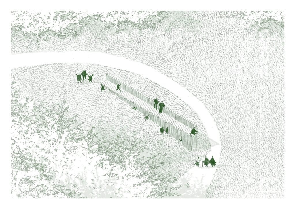 Architectural axonometric line drawing showing visitors interacting with the elongated wooden walkway and pavilion in a landscape setting.