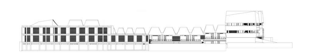 Architectural elevation drawing of Kemilu Ubud showing the rhythmic roof profile and facade screen details.
