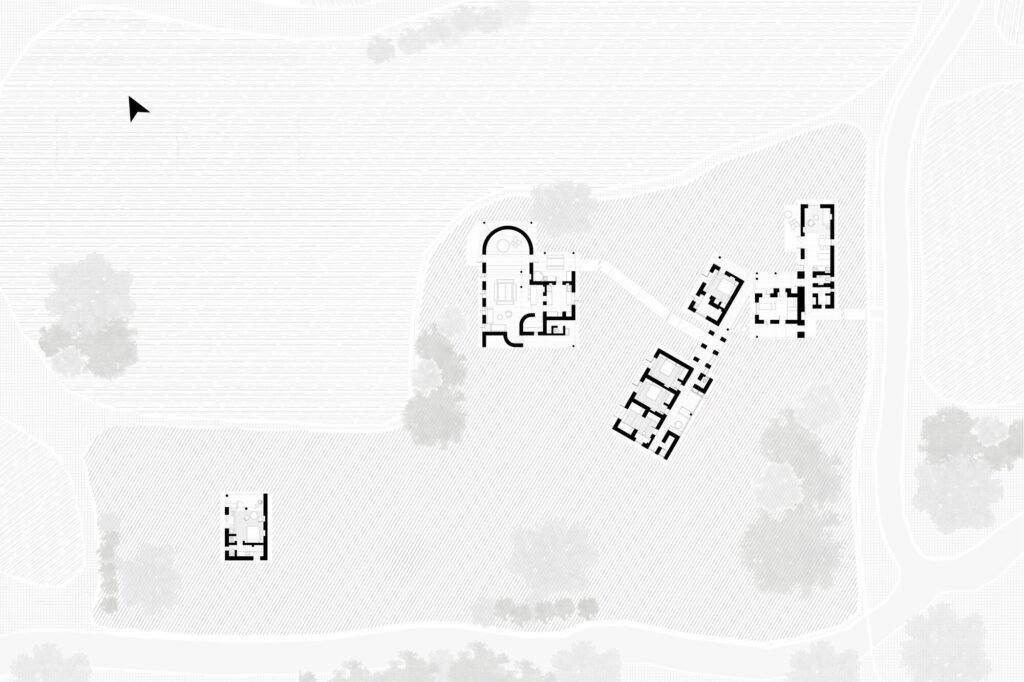 Architectural site plan drawing of Kusca project showing the layout of four separate volumes, courtyards, and pathways across the terrain.