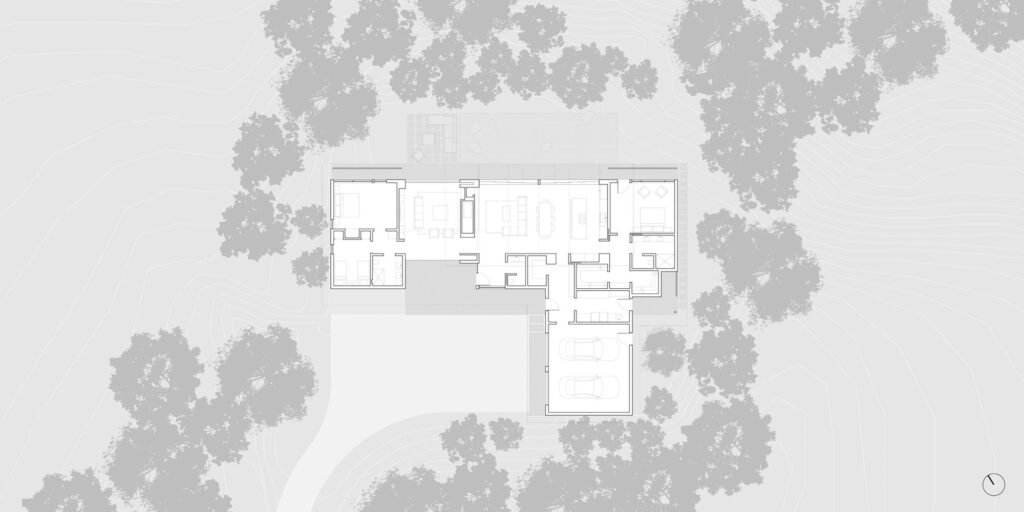 Architectural floor plan drawing of Veil House showing room layouts, garage, outdoor courtyards, and surrounding site trees.