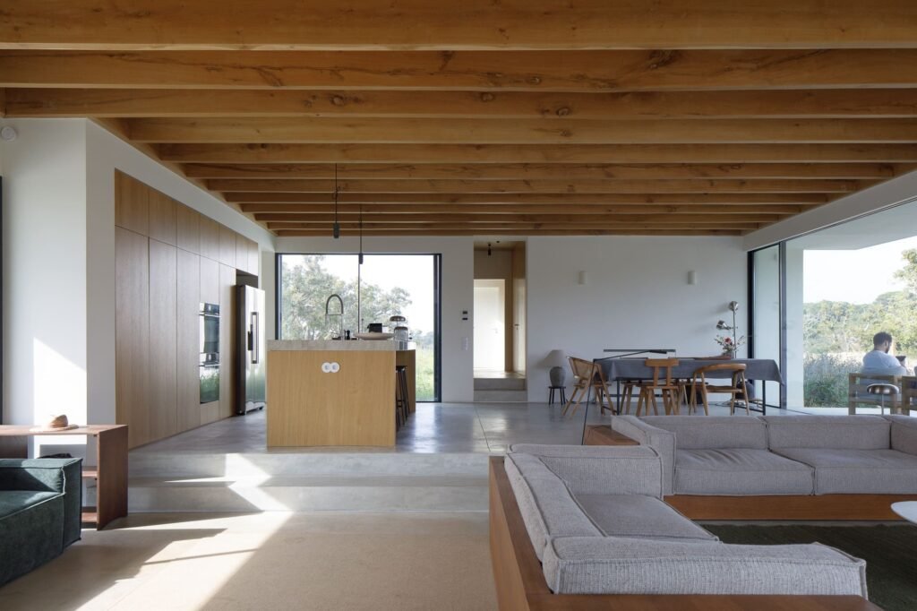 Open living space inside Melides MG House with split-level flooring, wooden ceiling beams, and comfortable seating arrangement.