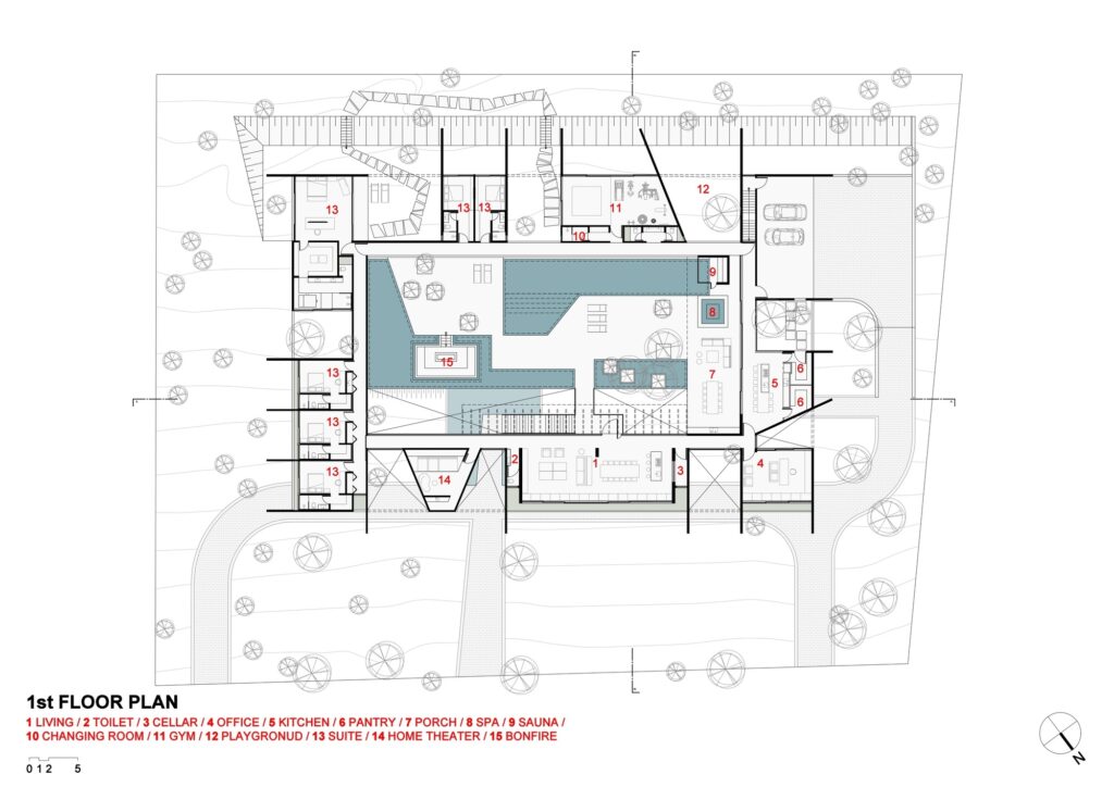 Detailed first floor architectural plan showing room layouts, central courtyard, pool, and surrounding trees.