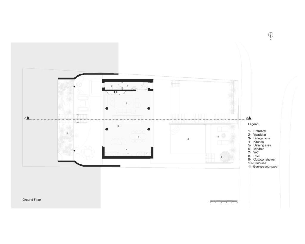 Ground floor architectural floor plan drawing of The Gallery featuring entrance, living area, pool, and sunken courtyard.