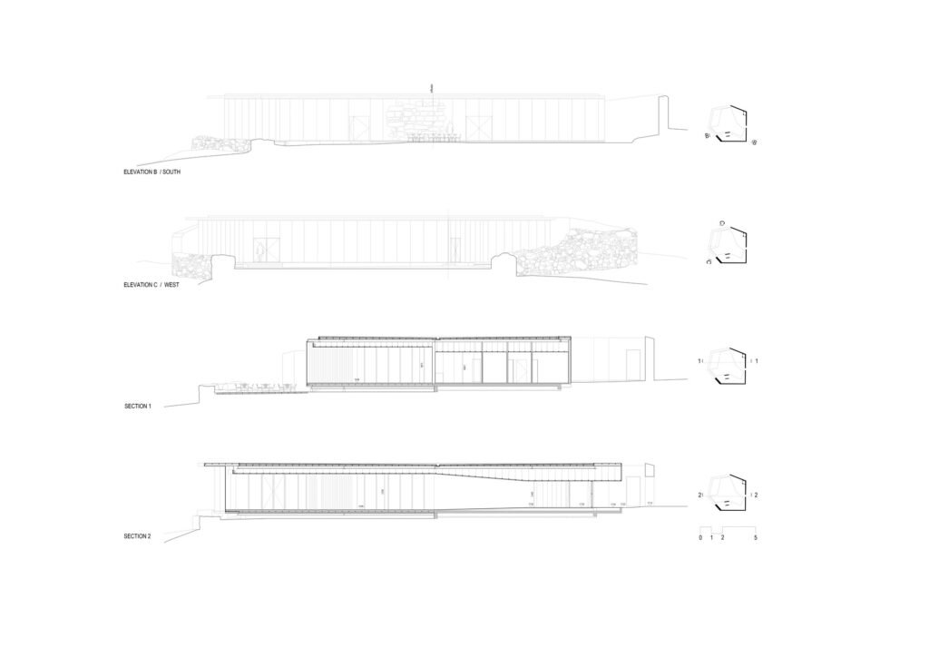 Architectural drawings including south and west elevations and structural sections of the Cresmina Fort refurbishment by Barbini Arquitectos.