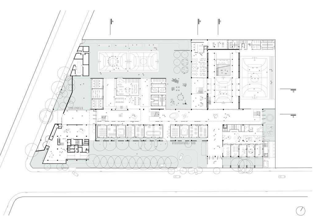 Architectural master site plan drawing of Beacon School showing layout of industrial sheds, new building, and sports courts.