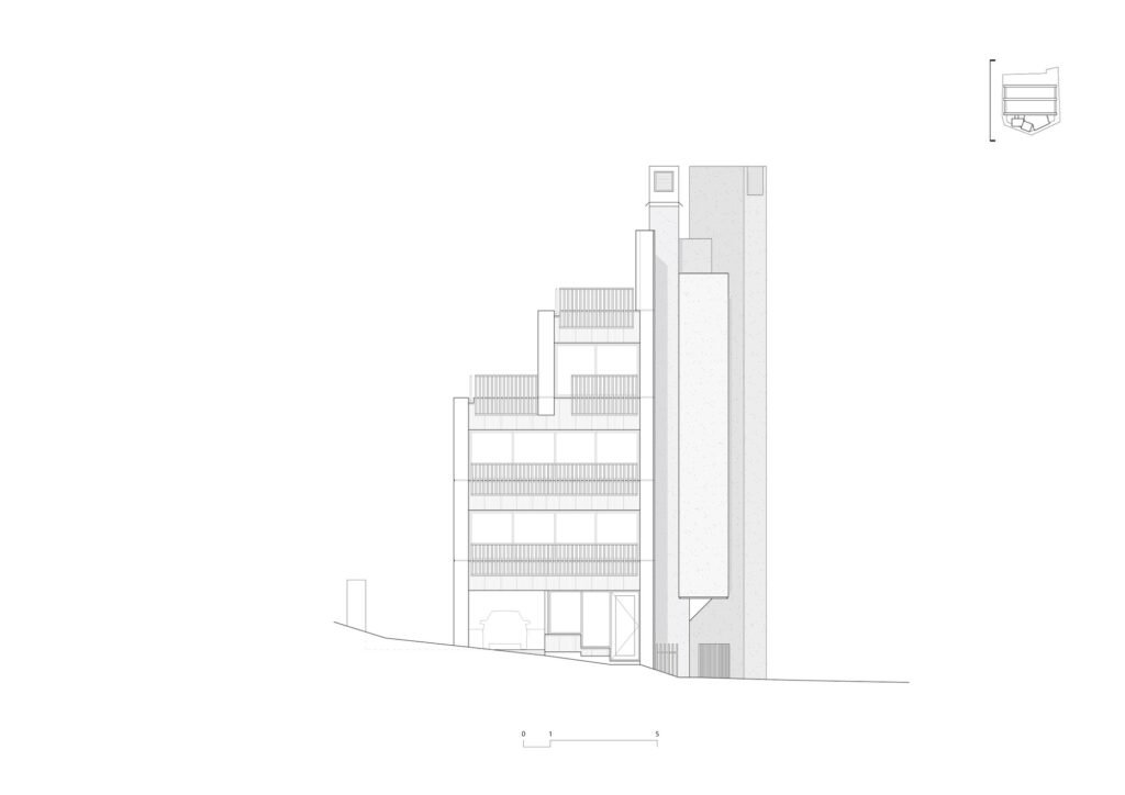 Architectural elevation drawing showing side profile, stepped floor levels, and vertical exhaust duct.