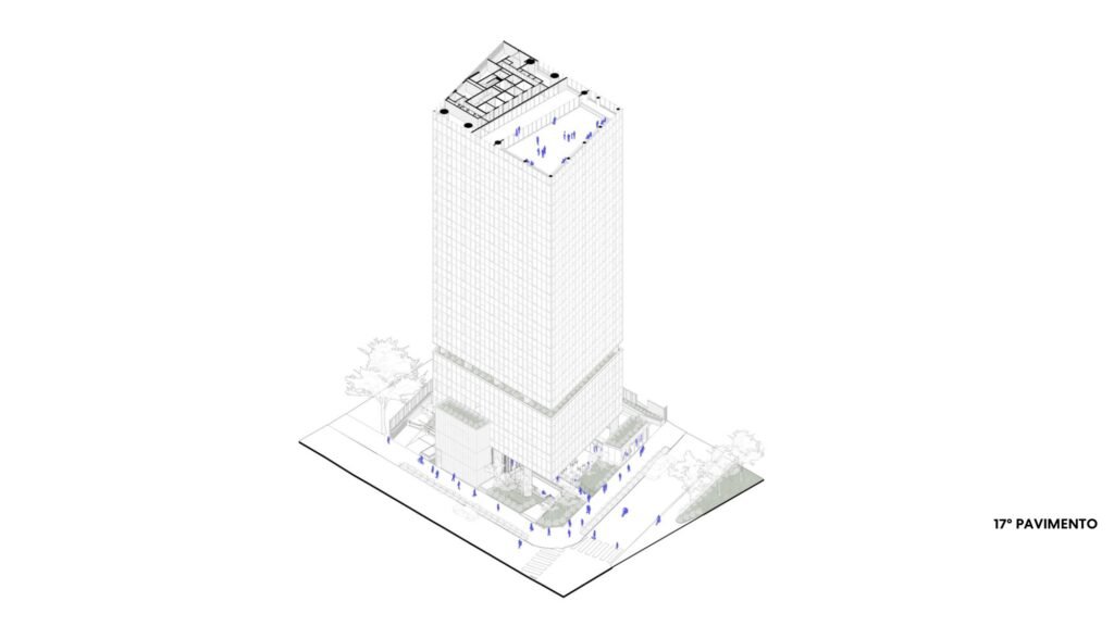 3D axonometric architectural diagram of the Jer&ocirc;nimo Faria Lima tower showing overall massing, street integration, and top floor level (17&ordm; Pavimento).