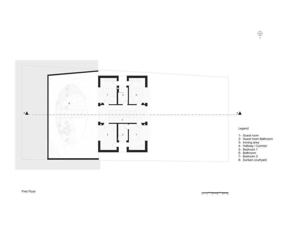 First floor architectural floor plan drawing showing guest rooms, bedrooms, hallways, and courtyard void in The Gallery.