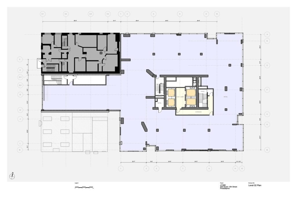 Architectural Level 02 floor plan drawing for 210 South 12th showing central elevator core and floor layout.