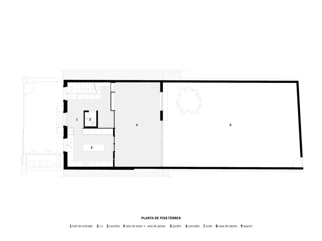 Architectural floor plan drawing showing the redesigned ground floor layout with an open living area, kitchen island, and garden access.