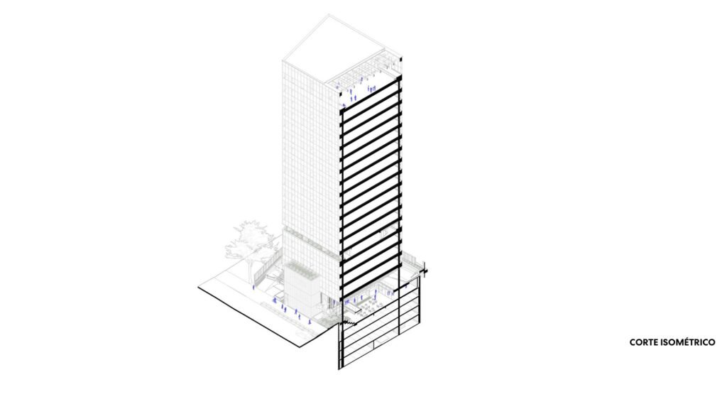 Isometric section diagram (Corte Isom&eacute;trico) of Jer&ocirc;nimo Faria Lima tower illustrating internal floor levels, subterranean sunken plaza, and vertical circulation core.