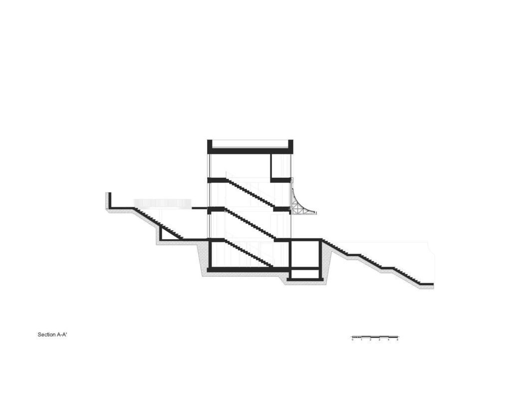 Architectural section A-A' drawing illustrating vertical circulation, levels, and terrain integration of The Gallery.