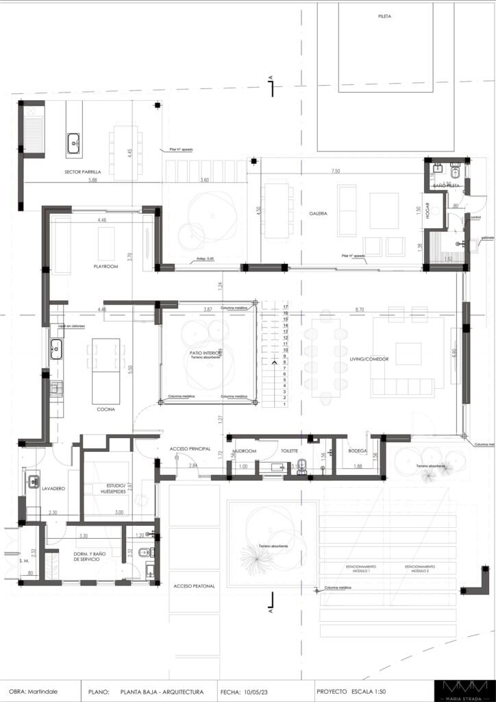 Architectural floor plan of Casa MDL ground floor showing room layouts, central patio, outdoor gallery, and parking module.