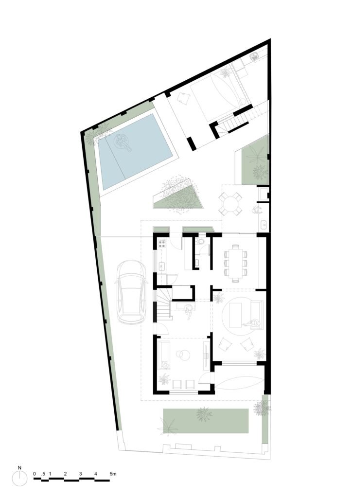 Ground floor architectural plan of Casa M showing interior layout, pool, courtyard, and annex structure.