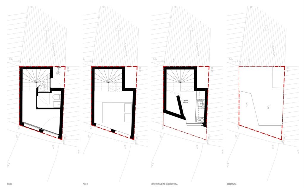 Architectural floor plans of Mini Atalhada illustrating layout across four vertical levels over a 13 sqm footprint.