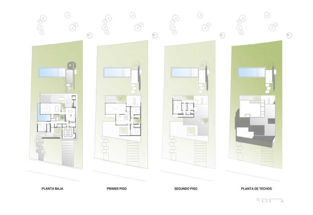 Architectural floor plan diagram showing ground floor, upper floors, and roof level layout of Grava House.