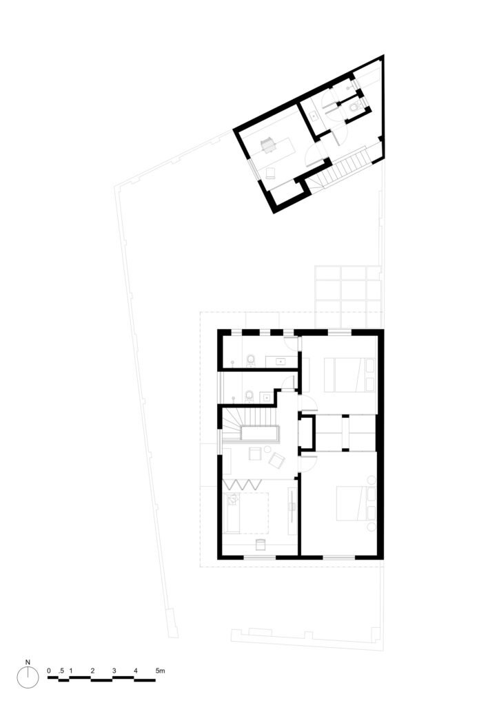 First floor architectural plan of Casa M illustrating bedroom configurations and upper annex room.