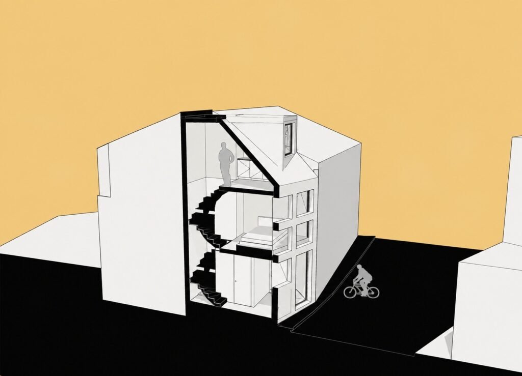3D architectural section diagram of Mini Atalhada highlighting vertical circulation, internal staircase, and multi-level floor organization.