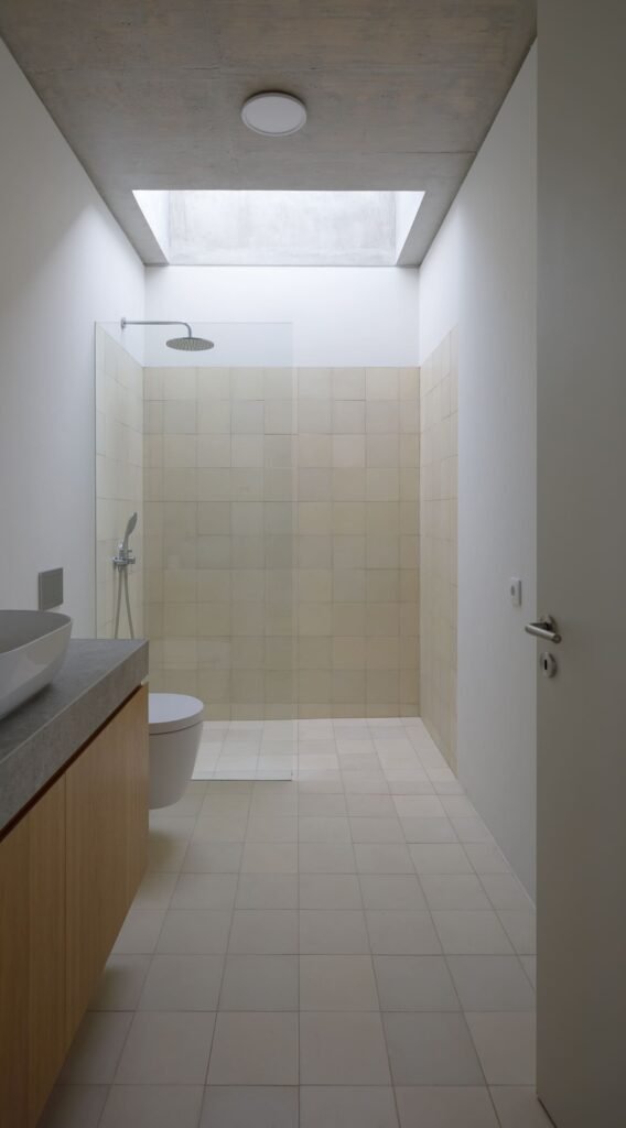 Minimalist bathroom in Melides MG House with skylight above shower area and wooden vanity cabinet.