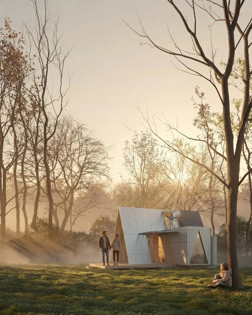 Camping House unit situated in an open meadow during a golden hour sunset with trees and soft sunlight filtering through mist.