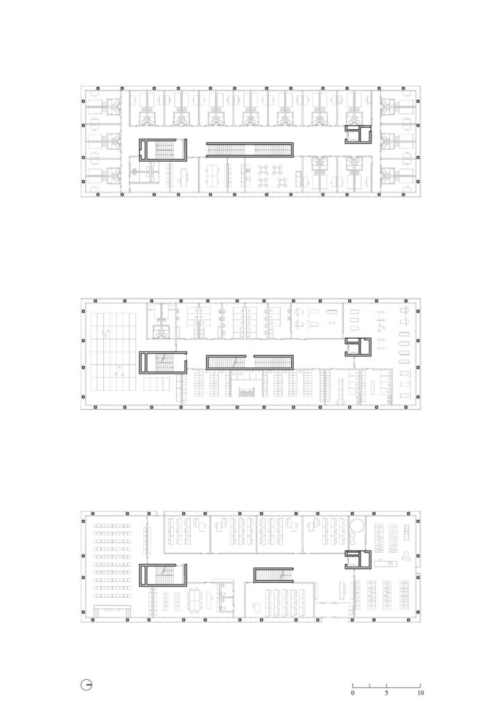 Architectural floor plan drawing showing three floor levels of the Educational Center with central concrete cores and flexible modular room layouts.