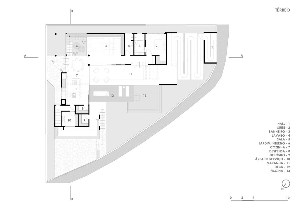 Architectural ground floor plan drawing of Casa Noor showing room arrangements, internal garden, deck, and pool.