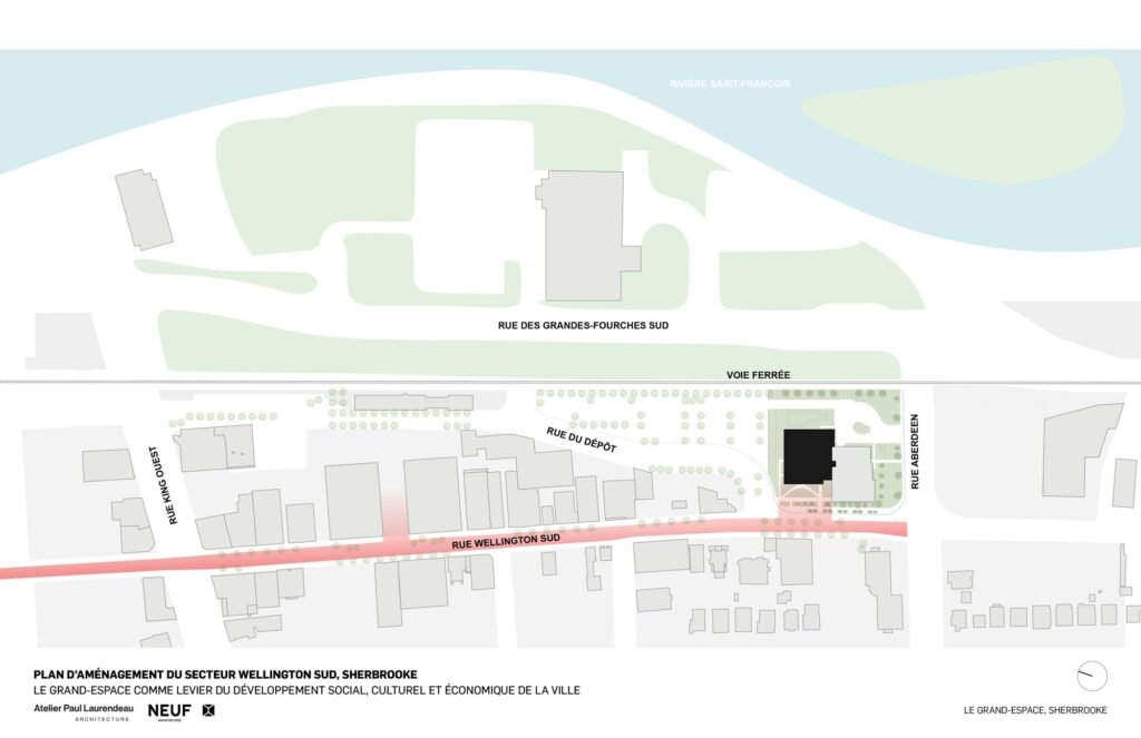 Architectural site plan drawing of Le Grand-Espace highlighting its urban position within the Wellington South sector in Sherbrooke.